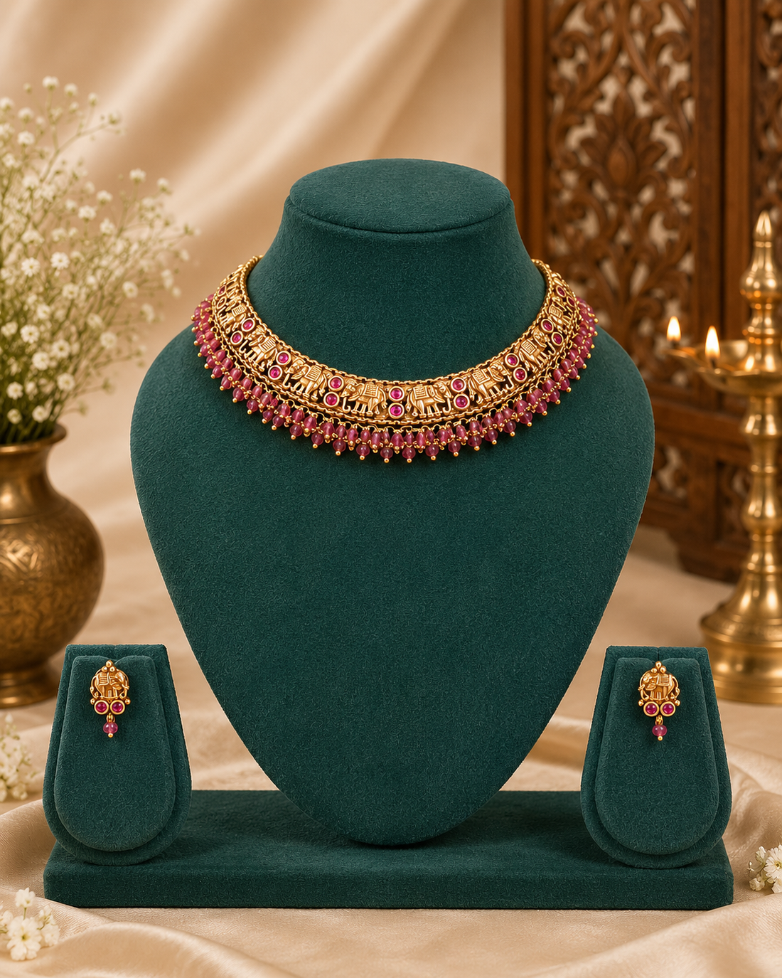 Gold Elephant Motif Choker Necklace Set with Ruby Kemp Stones | LLB0249