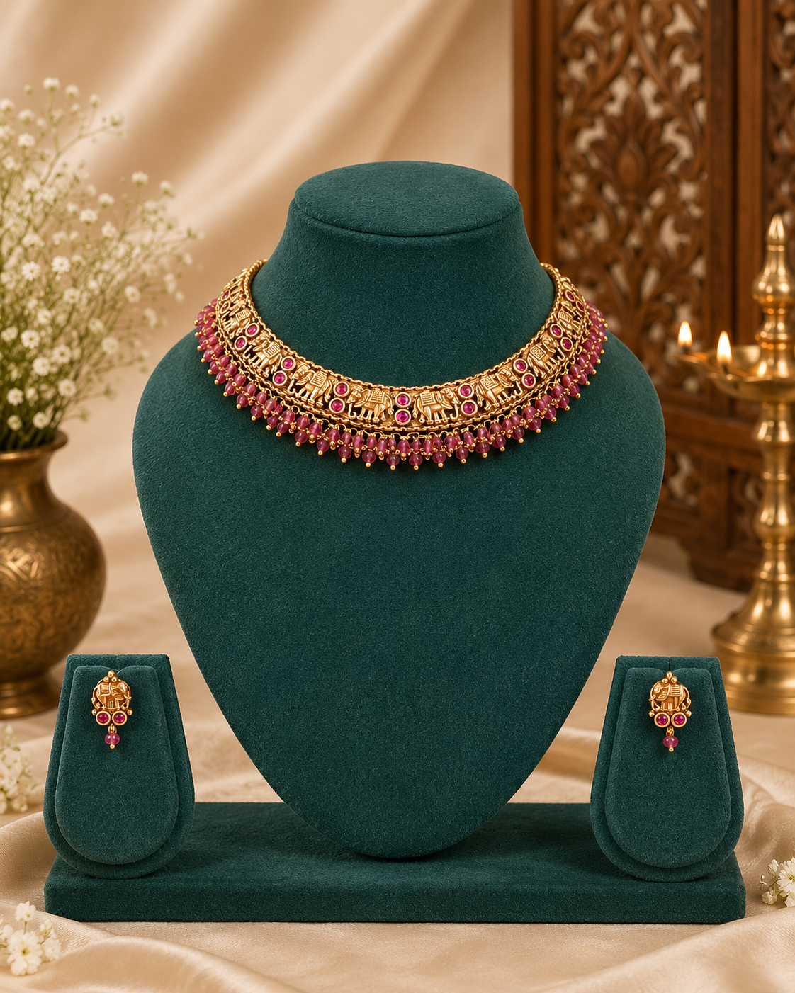 Gold Elephant Motif Choker Necklace Set with Ruby Kemp Stones | LLB0249