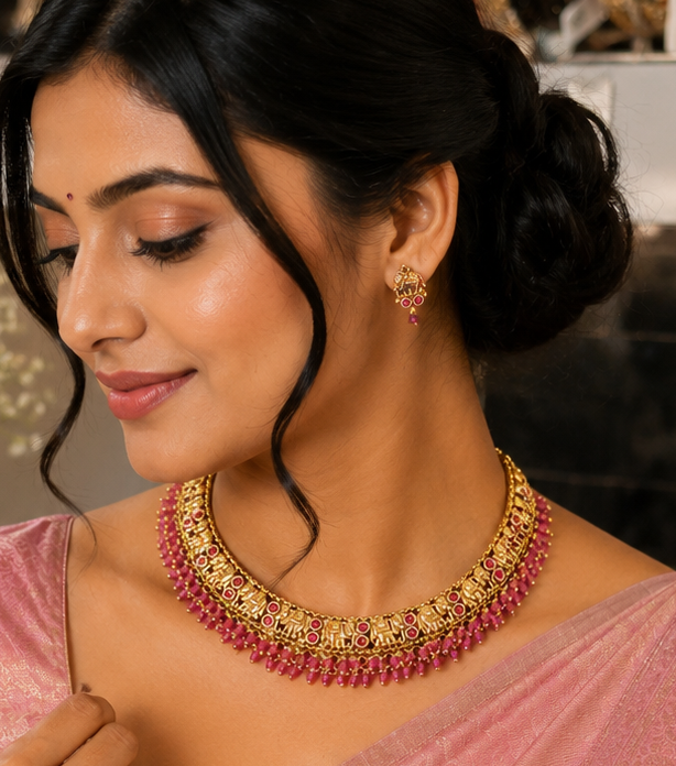 Gold Elephant Motif Choker Necklace Set with Ruby Kemp Stones | LLB0249
