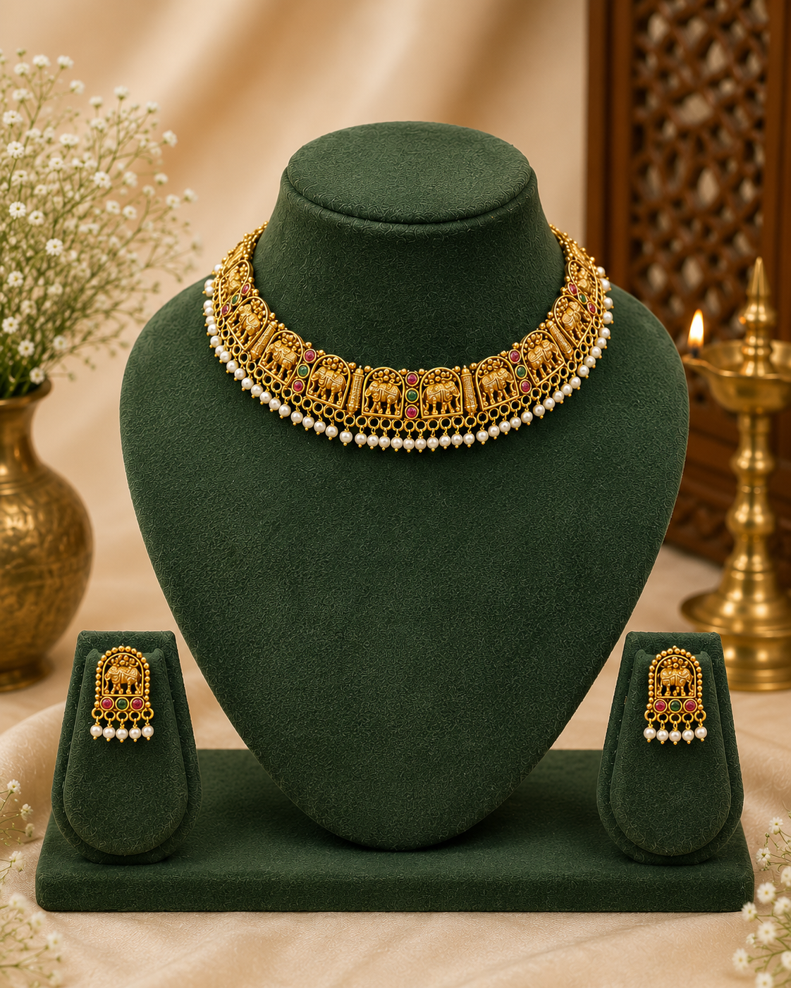 Gold Elephant Motif Choker Necklace Set with Pearl Drops | LLB0250