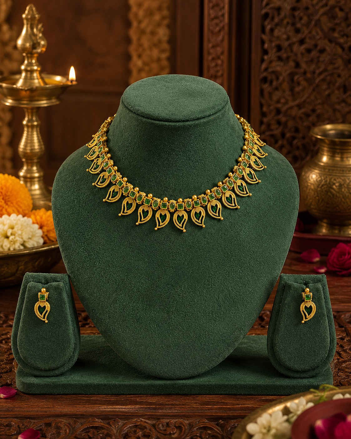 Gold Open Heart Choker Necklace Set with Emerald Kemp Stones | LLB0242