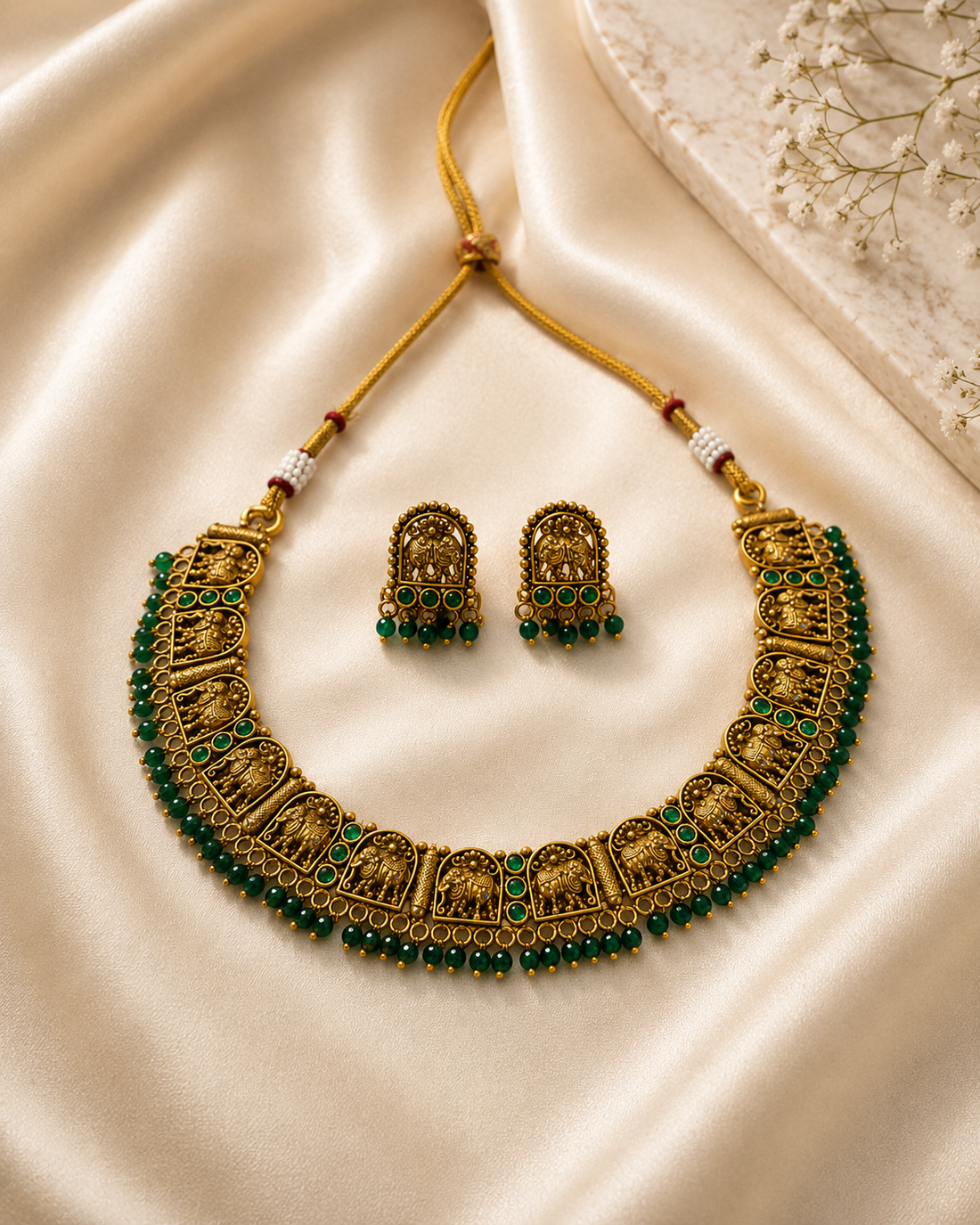 Antique Gold Nakshi Elephant Deity Choker Necklace with Emerald Kemp | LLB0252