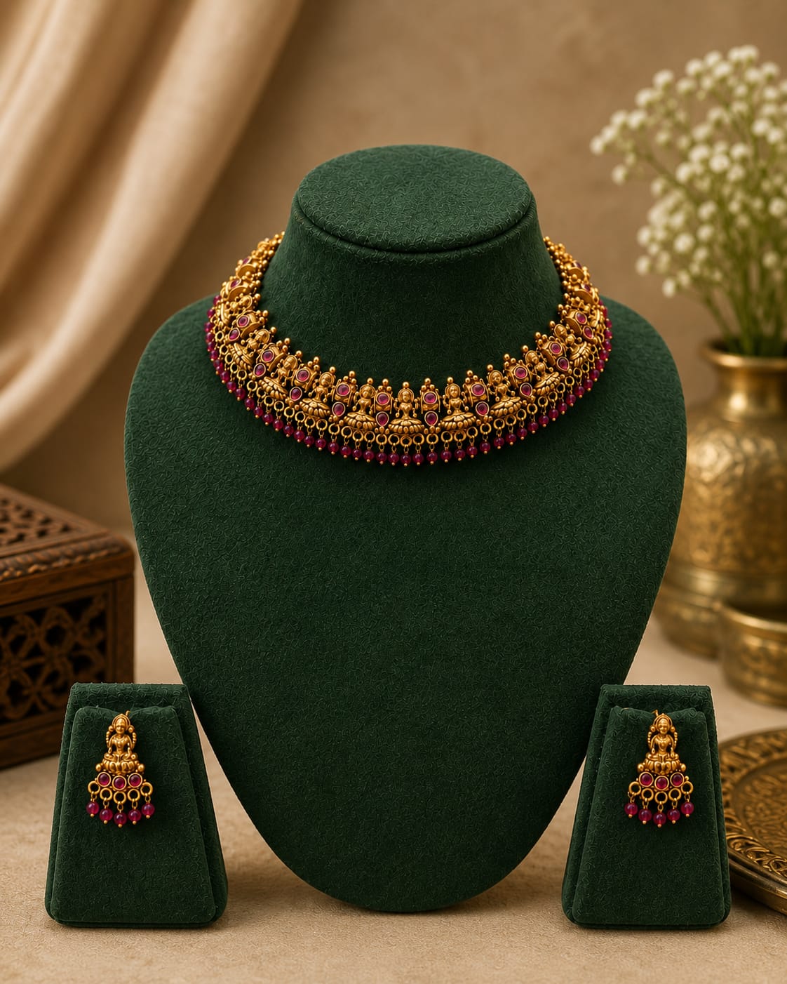 Gold Nakshi Lakshmi Temple Choker with Emerald Kemp Stones | LLB0251