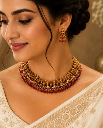 Gold Nakshi Lakshmi Temple Choker with Emerald Kemp Stones | LLB0251