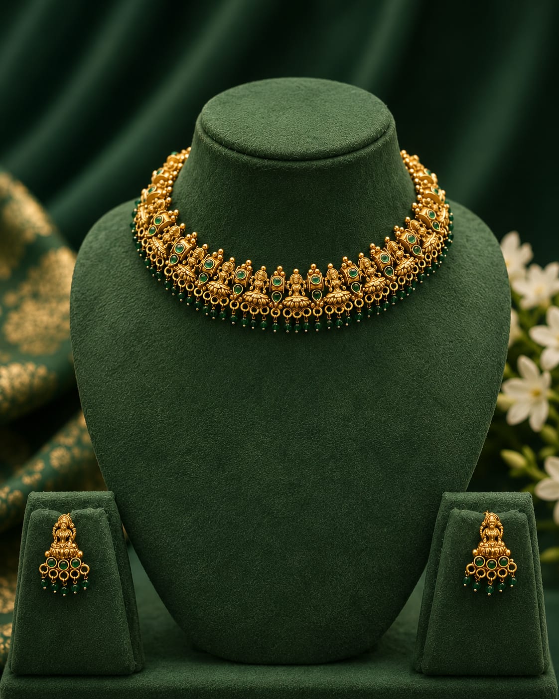 Gold Nakshi Lakshmi Temple Choker with Emerald Kemp Stones | LLB0251