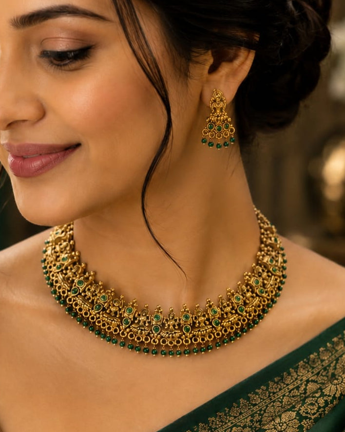 Gold Nakshi Lakshmi Temple Choker with Emerald Kemp Stones | LLB0251