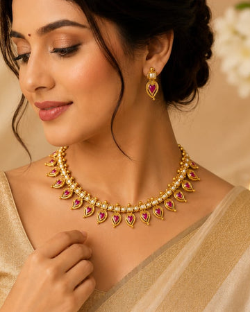 Gold Kemp Ruby Teardrop Choker Necklace Set | LLB0241