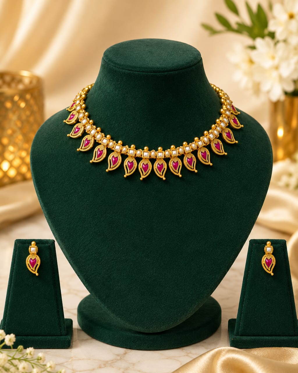 Gold Kemp Ruby Teardrop Choker Necklace Set | LLB0241