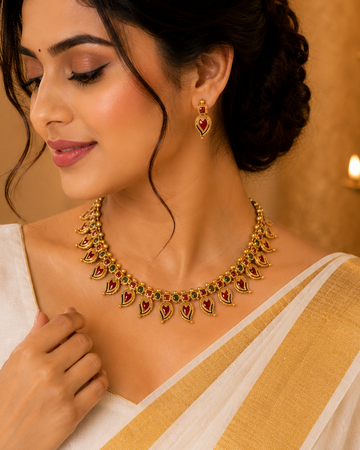 Gold Open Heart Choker Necklace Set with Ruby & Emerald Stones | LLB0243