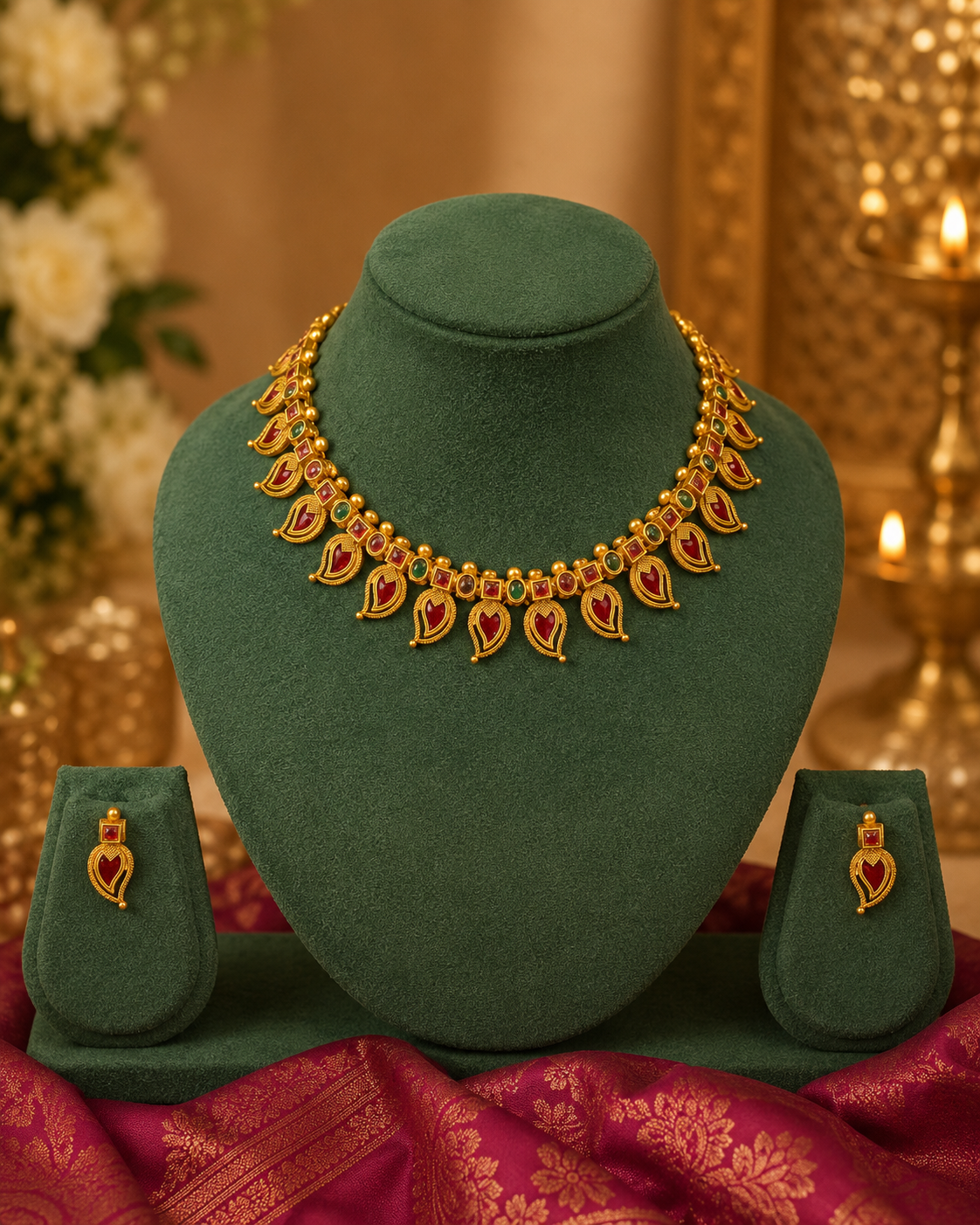 Gold Open Heart Choker Necklace Set with Ruby & Emerald Stones | LLB0243