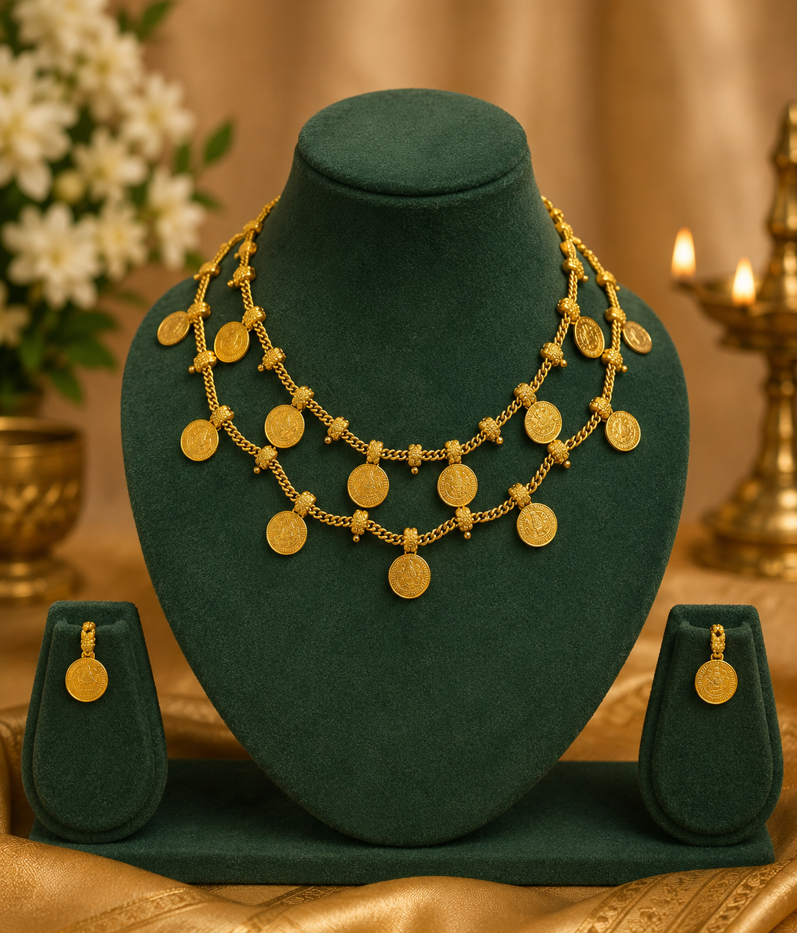 Gold Double Layer Kasu Coin Necklace Set | LLB0244