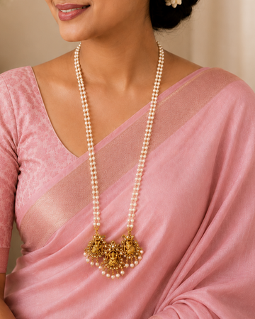 Double Strand Pearl Necklace with Twin Antique Gold Lakshmi Pendants | LLB0233