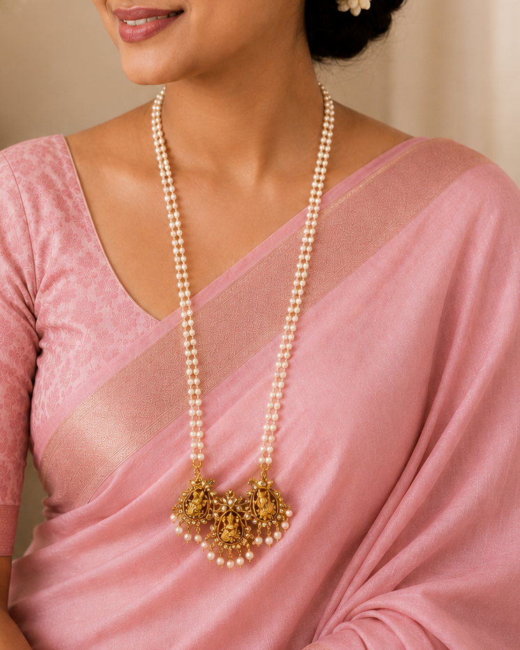 Double Strand Pearl Necklace with Twin Antique Gold Lakshmi Pendants | LLB0233