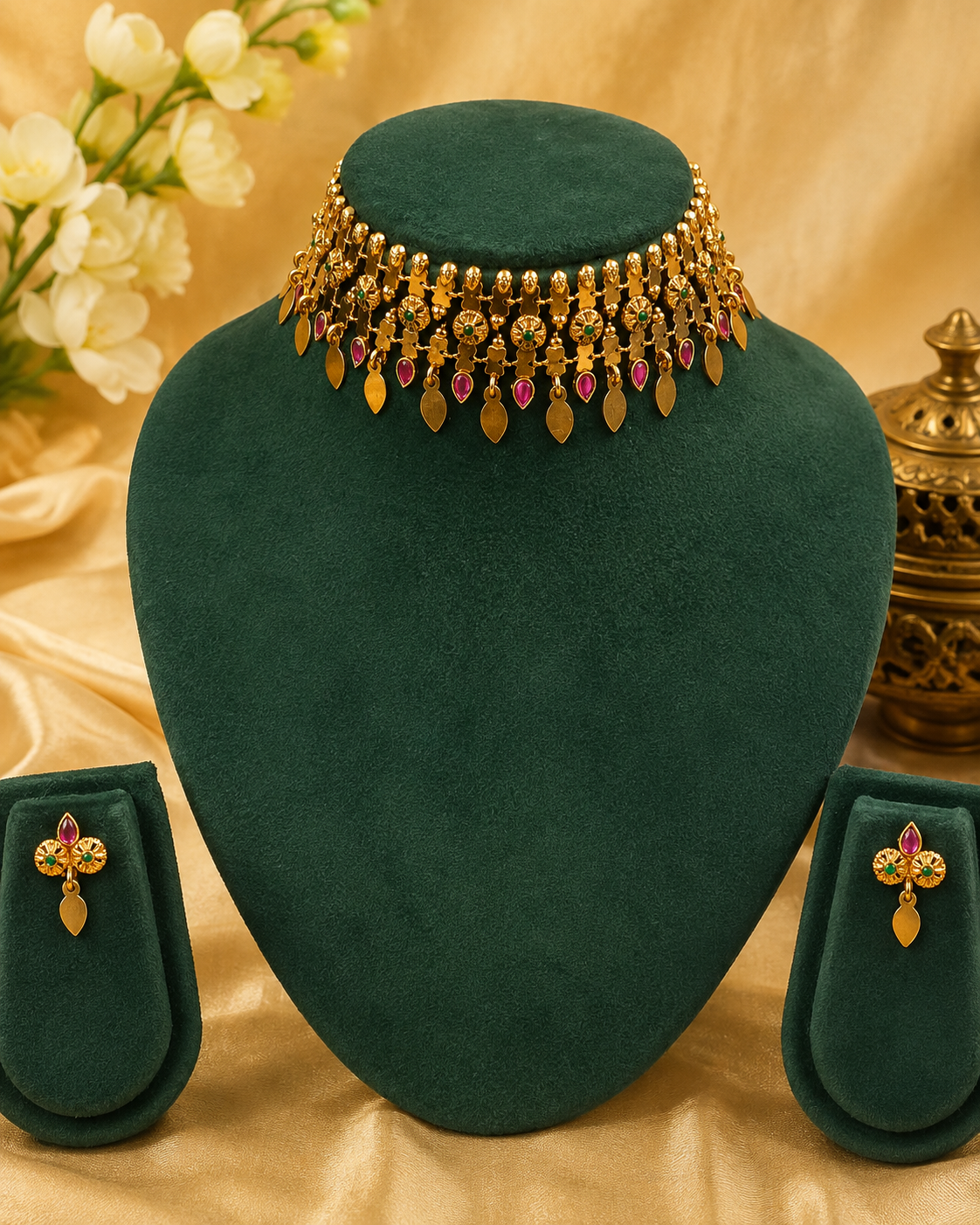 Gold-toned traditional Indian jewelry set featuring a choker necklace, matching earrings, and a stackable bracelet, displayed on dark green velvet jewelry stands against a draped gold fabric backdrop with decorative flowers.