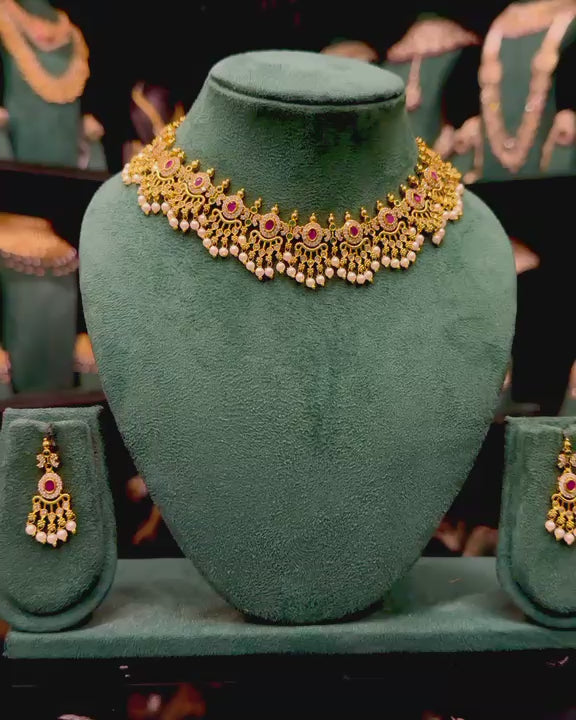 Elegant Gold Necklace Set with Ruby Stones & Pearl Drops | GV670/GV973