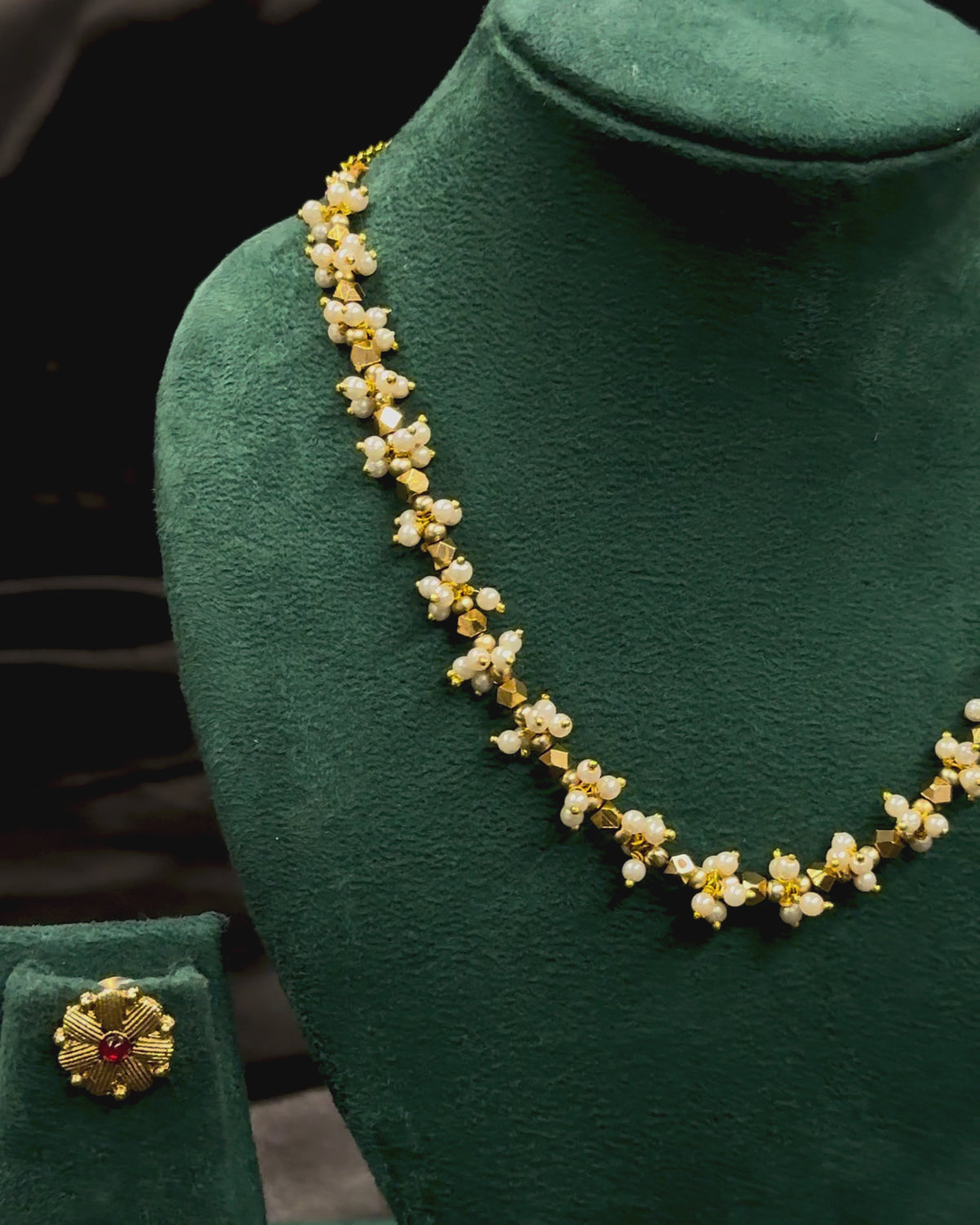 Elegant Gold Pearl Floral Necklace Set with Matching Earrings | ONK353