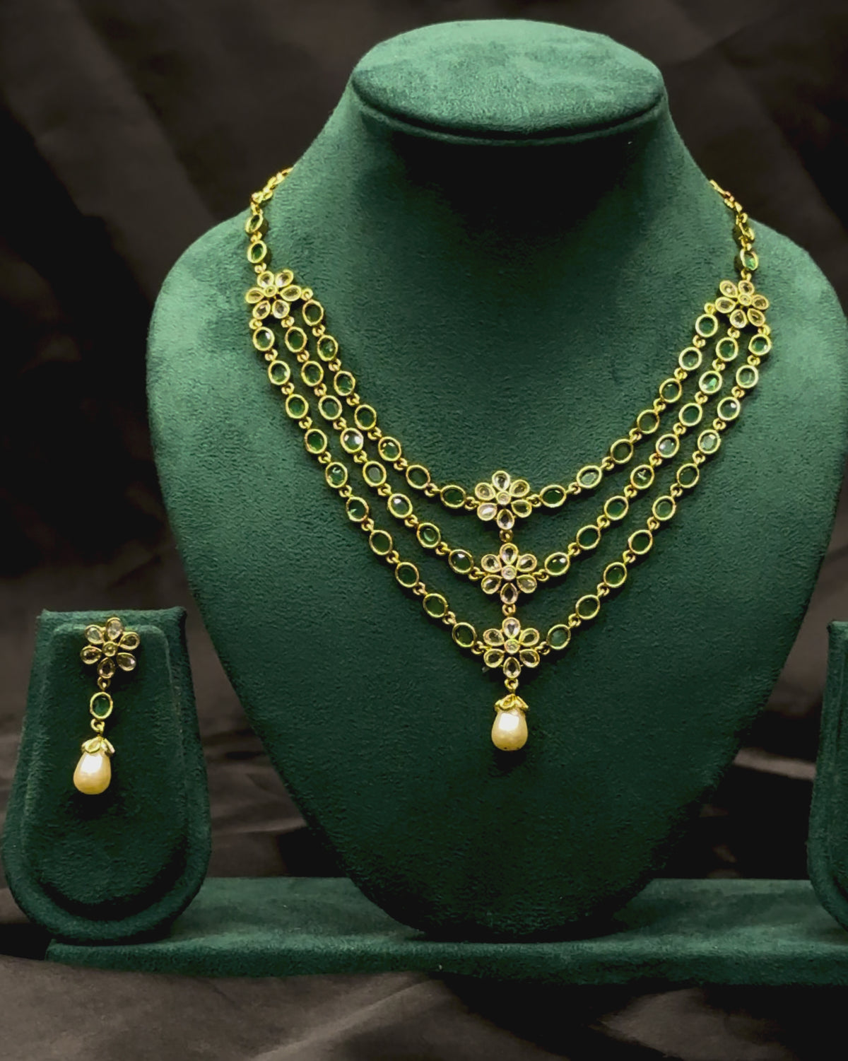 Green Stone Gold Plated Necklace Set with Pearl Drops | ONK369