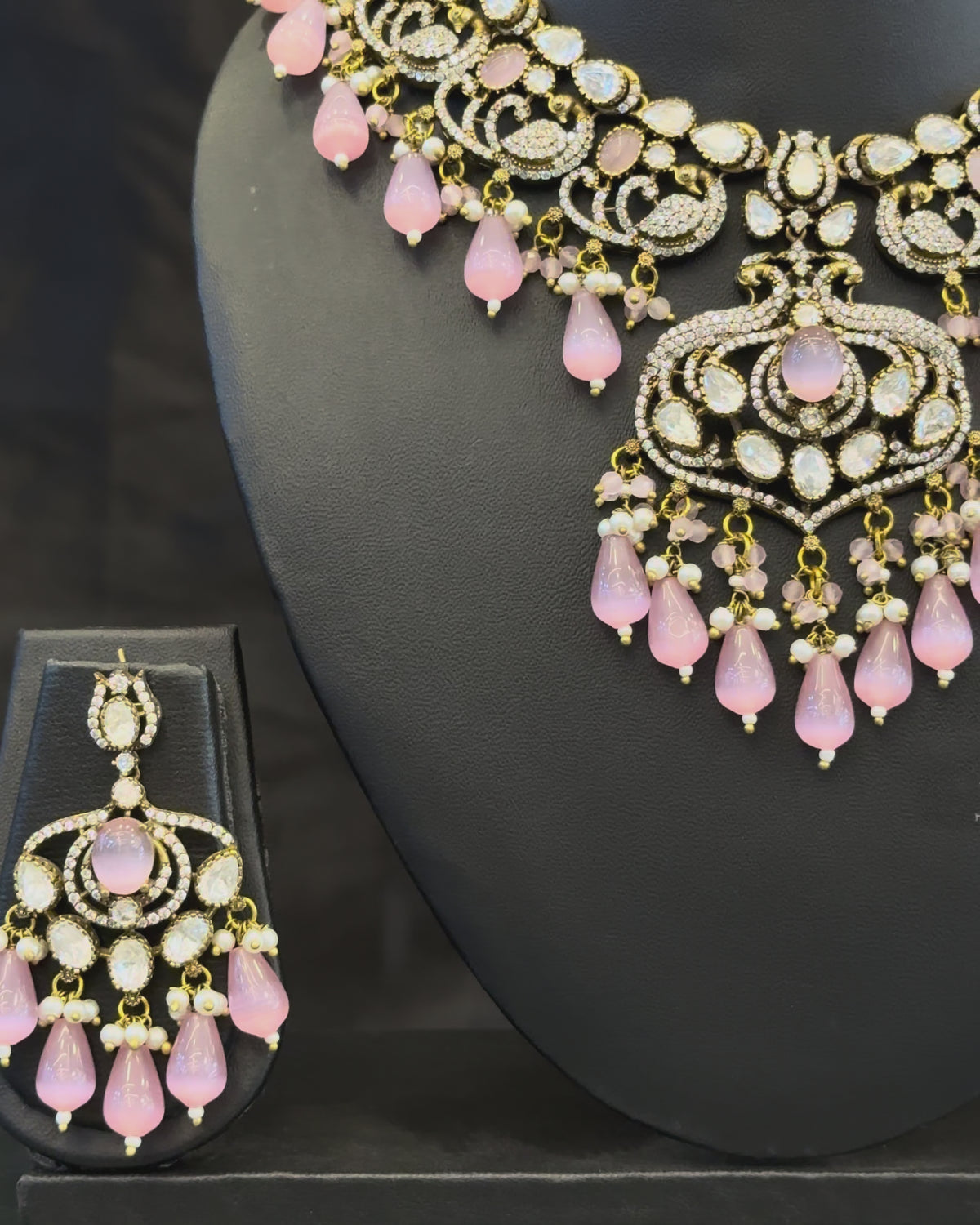 Premium Gold-Tone Pink Stone Statement Necklace Set with Crystal Embellishments and Drop Earrings | L15746