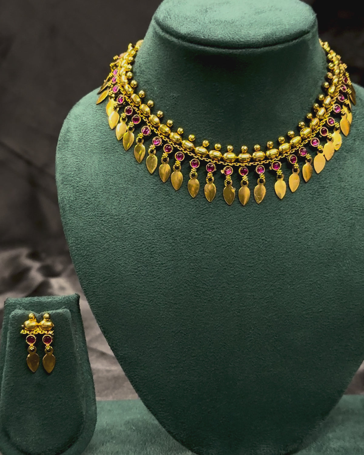 Antique Gold Beaded Choker Ruby Stone Gold Leaf Drop Set | ONK127