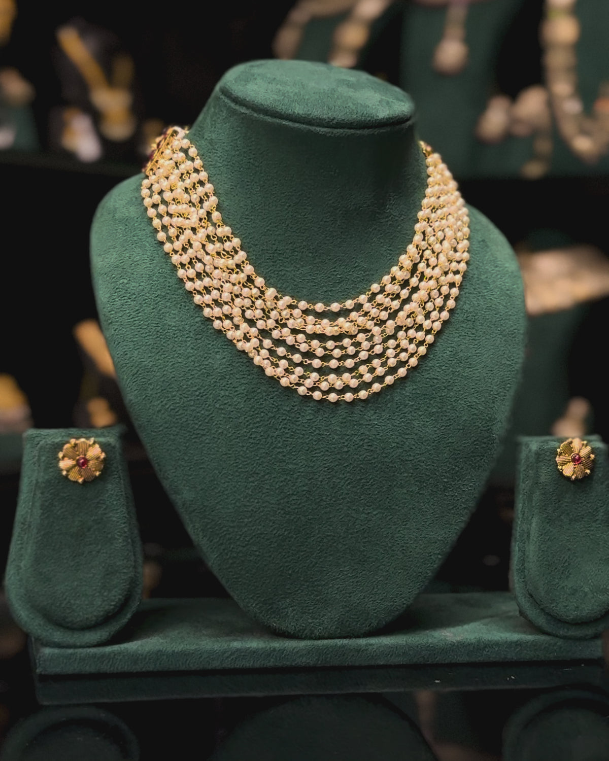 Multi-Layer Pearl Gold Necklace Set with Floral Earrings | ONK337
