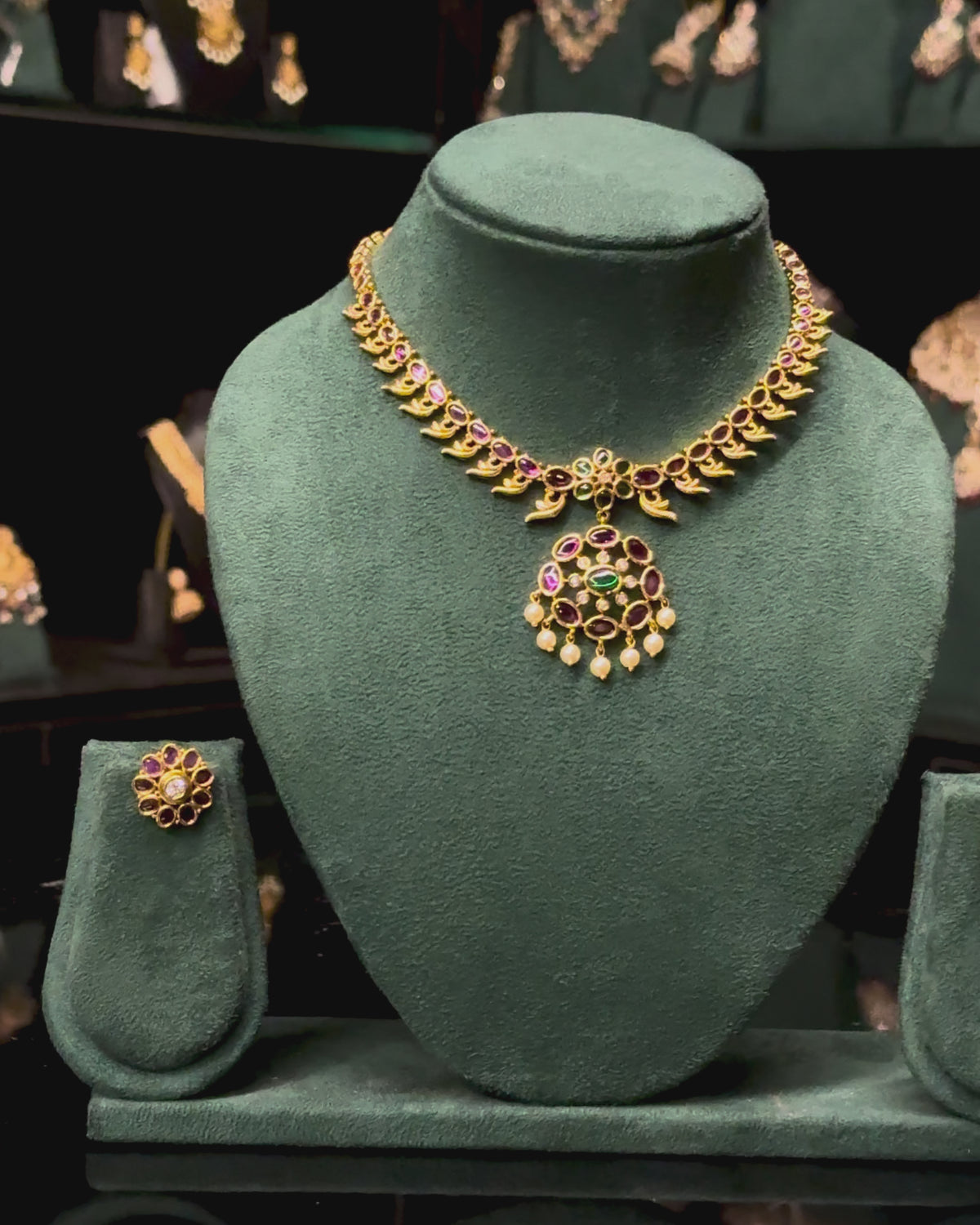 Traditional Ruby & Emerald Gold Necklace Set | ONK346