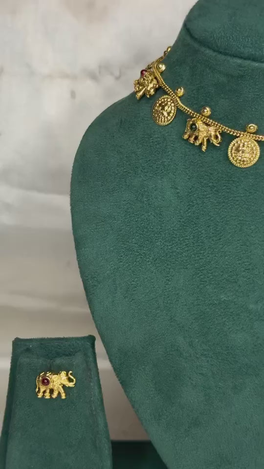 Traditional Elephant Gold Necklace Set with Matching Earrings | GT620