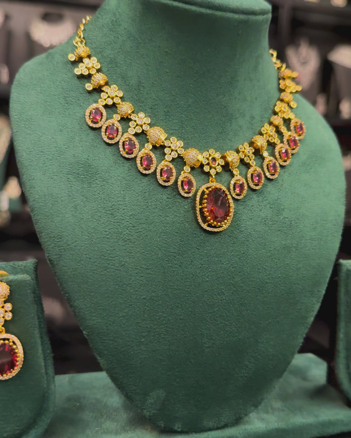 Green & Ruby Stone Necklace Set with Statement Pendant & Matching Earrings | ONK383