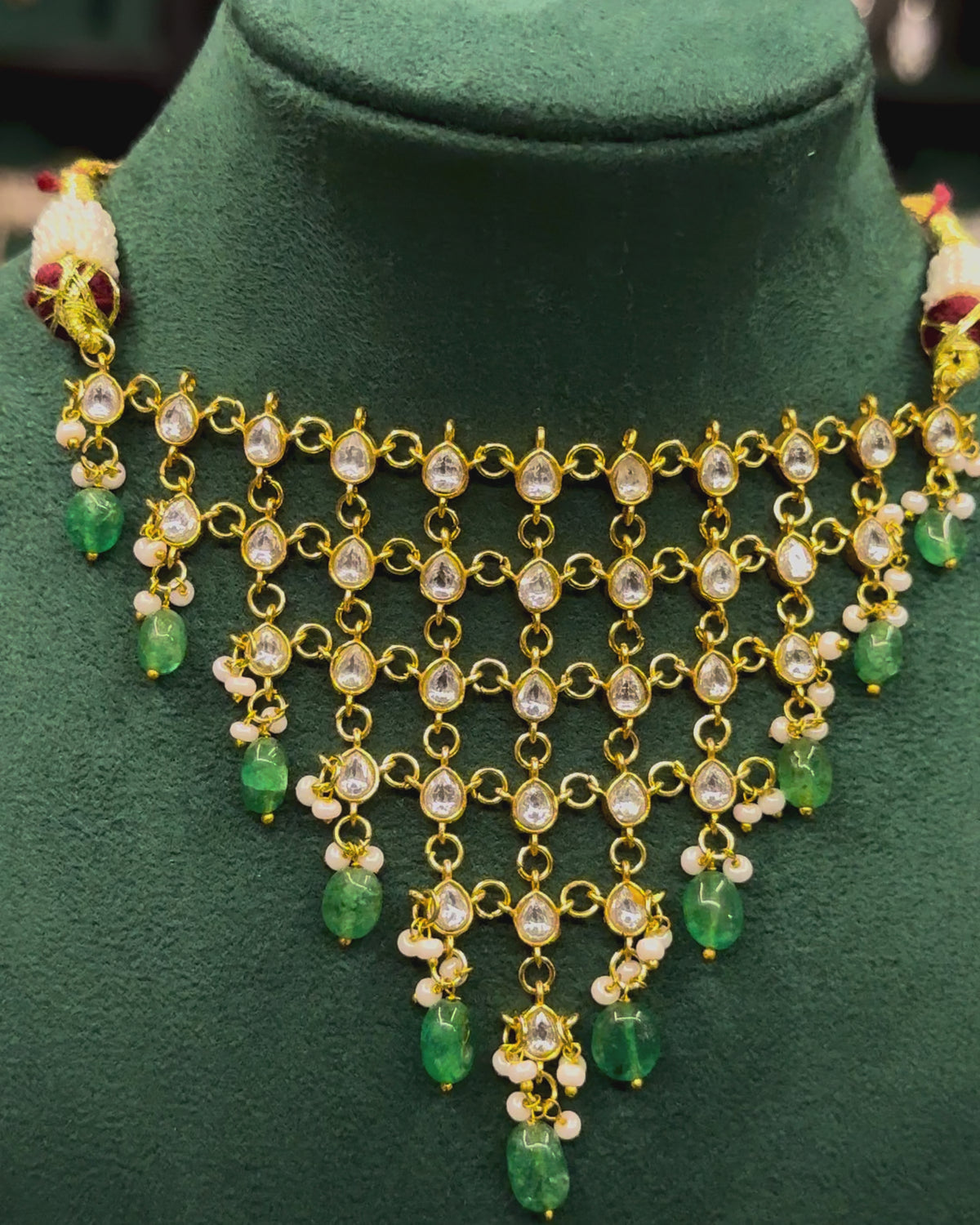 Elegant Green Emerald Kundan Necklace Set with Pearl Drops | ONK376