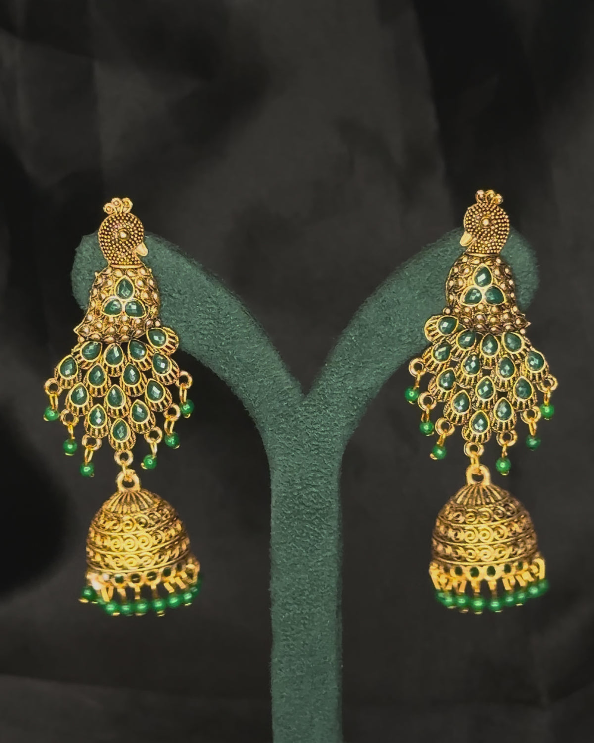 Antique Gold Peacock Design Green Red Pink Stone Jhumka Earrings | SITA2818