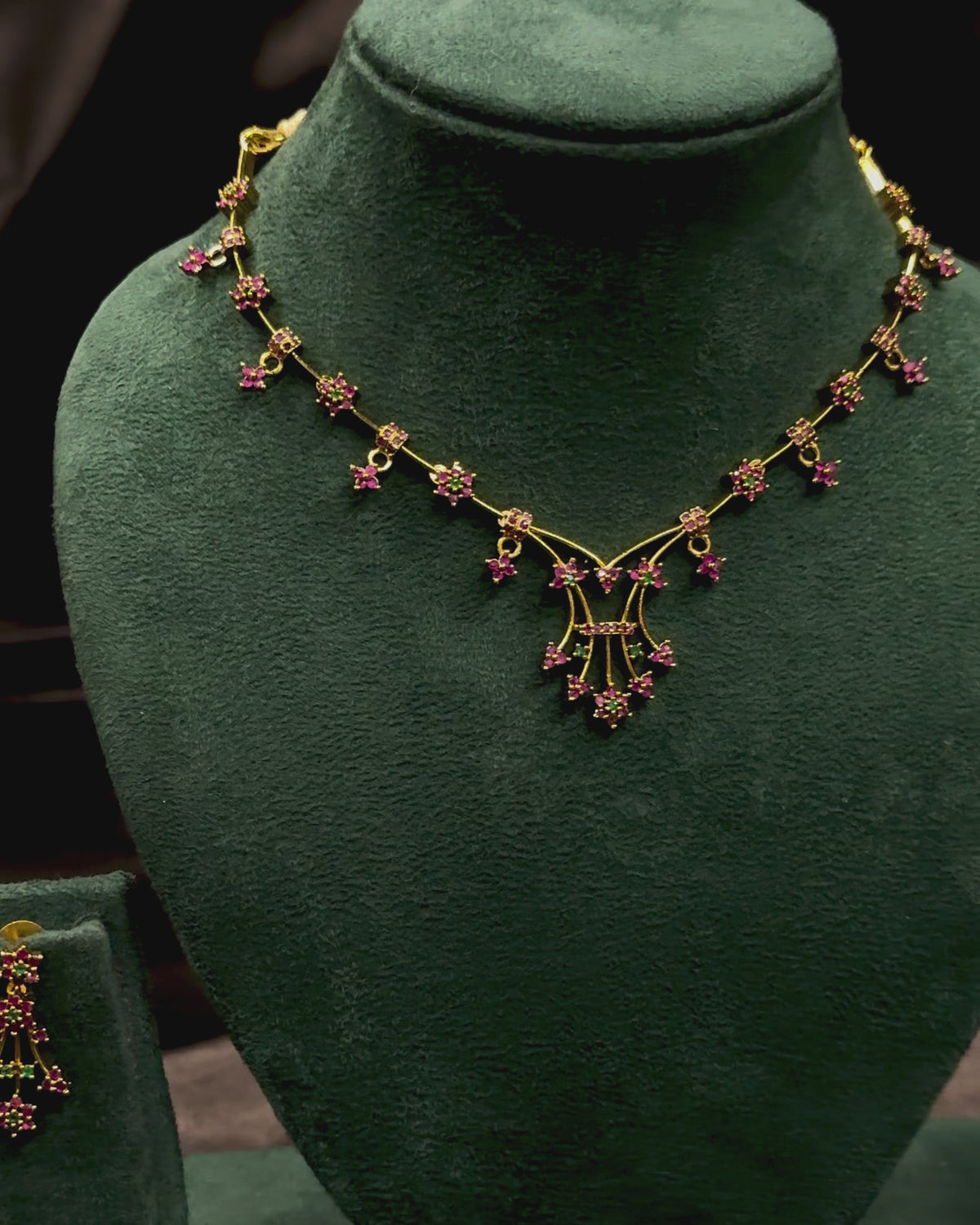 Elegant Gold Floral Necklace Set with Pink Stones | ONK359