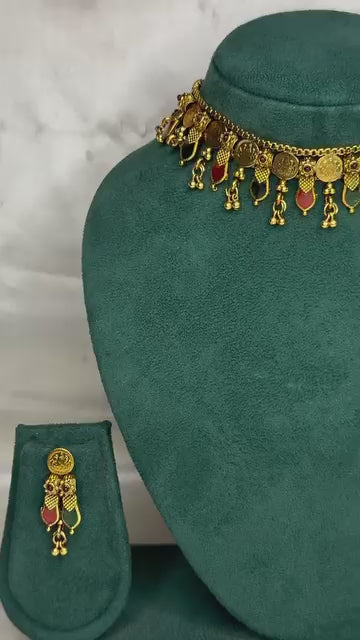 Traditional Gold Necklace Set with Ruby & Green Stones | NK1265