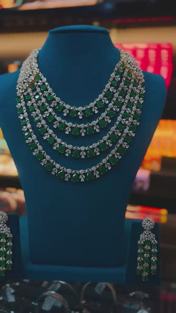 Elegant Green Stone Layered Necklace Set with Matching Earrings | T302408672