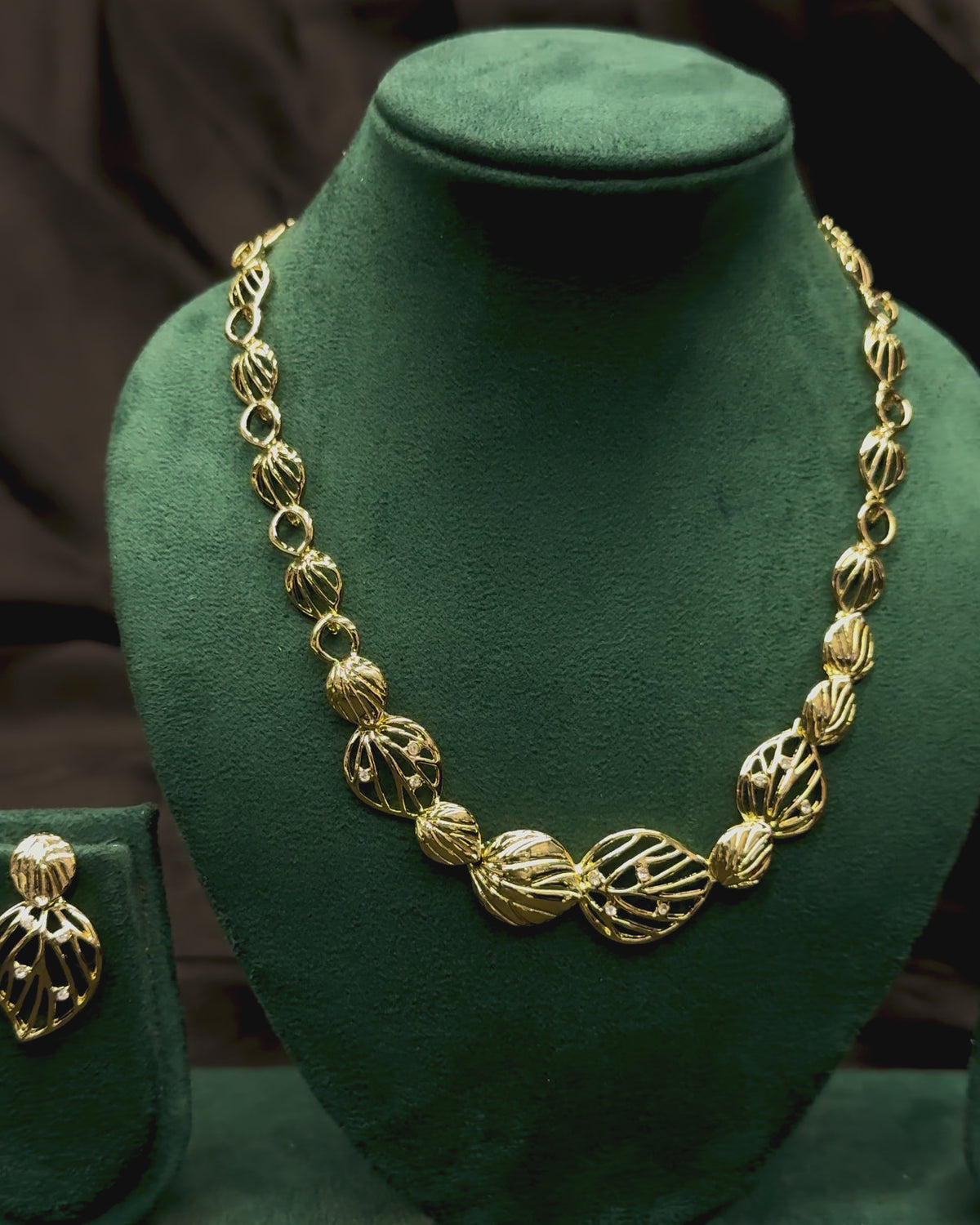 Gold Finish Necklace Set with Earrings - Elegant Leaf Design Jewellery | 2109275