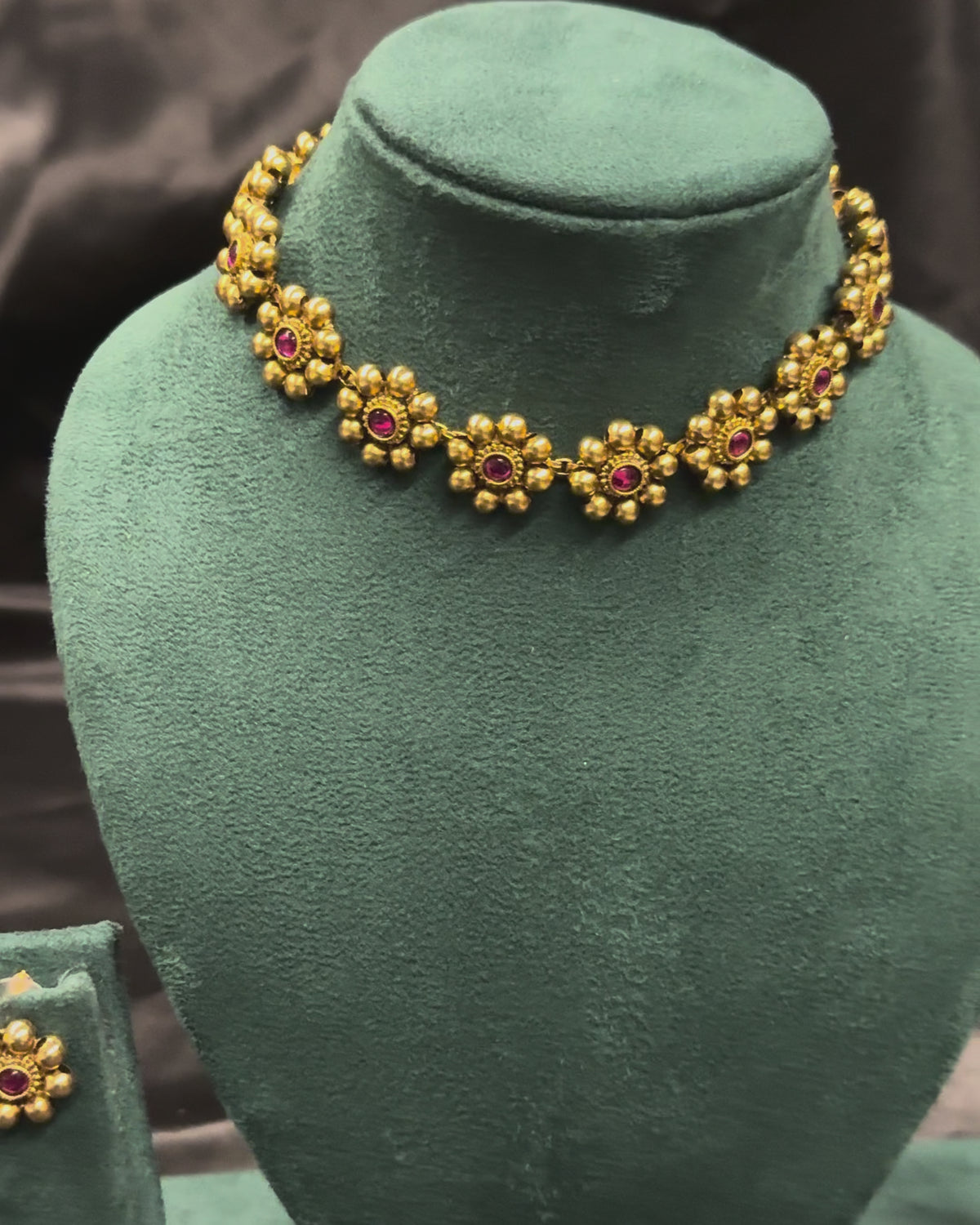 Traditional Gold Floral Choker Necklace Set with Earrings | ONK342