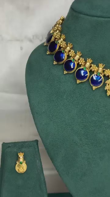 Antique Gold Lakshmi Coin Choker with Green Stone Drops & Earrings | ONK256/NKT240