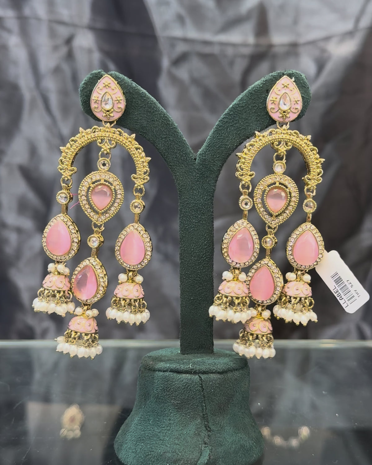 Multicolor Gold-Tone Traditional Jhumka Earrings with Kundan-Style Stones and Pearl Drops | THV527