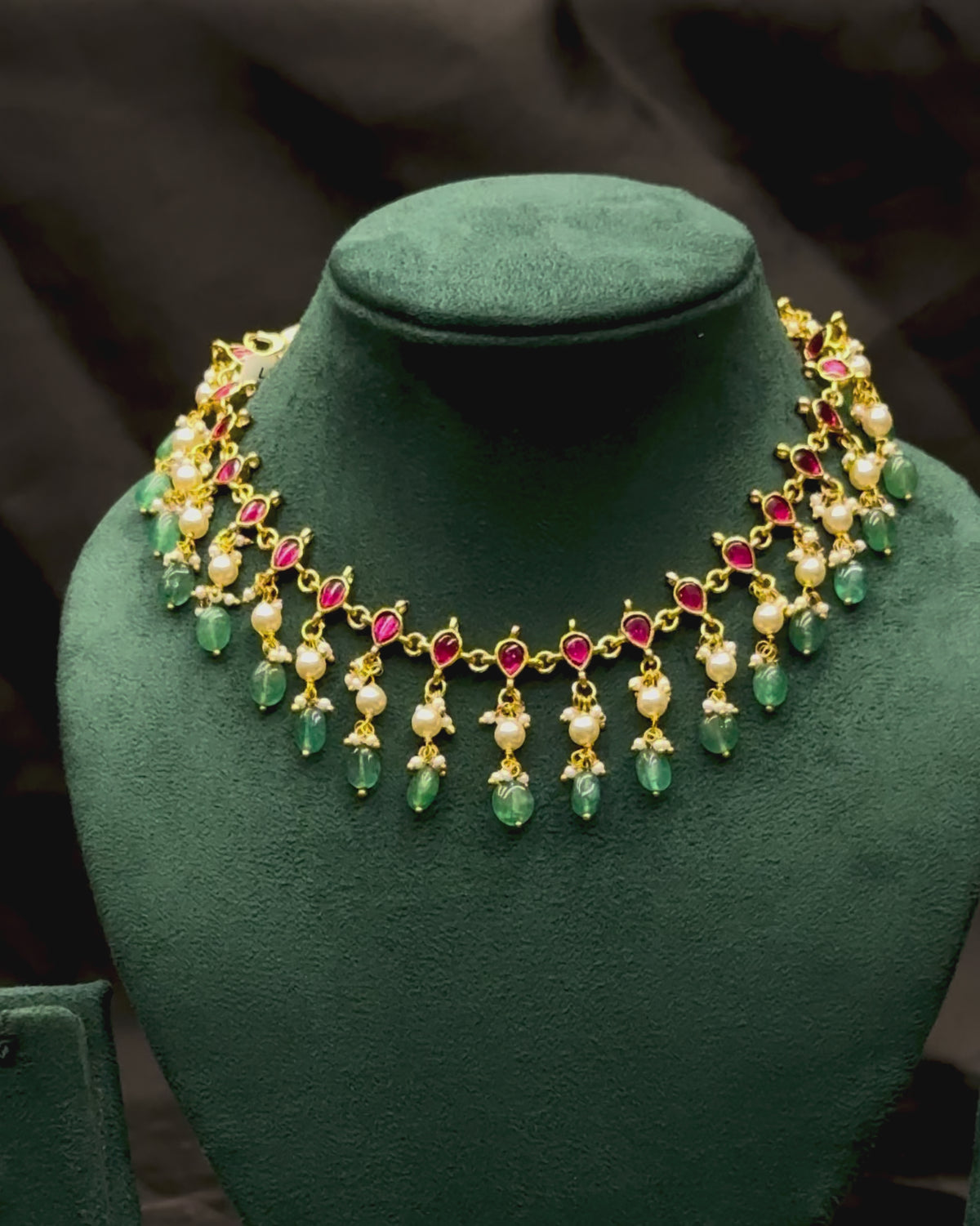Ruby & Green Stone Gold Plated Necklace Set with Pearl Drops | ONK371