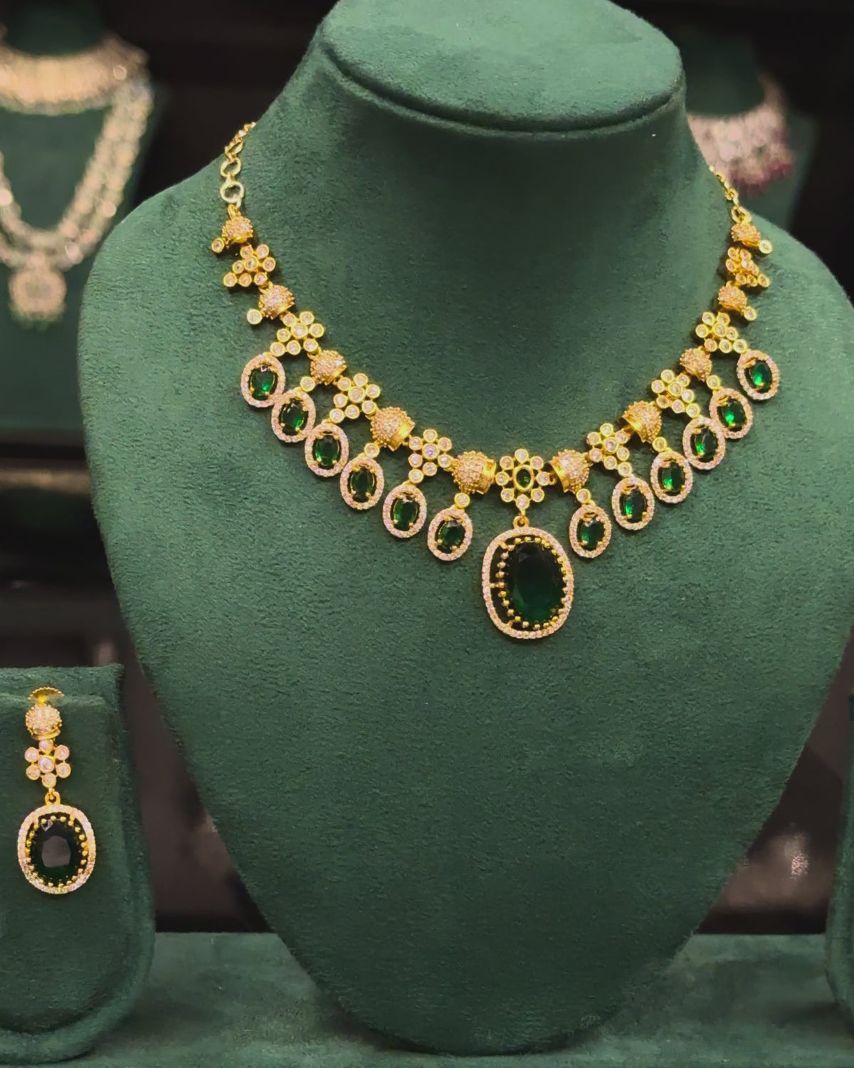 Green & Ruby Stone Necklace Set with Statement Pendant & Matching Earrings | ONK383