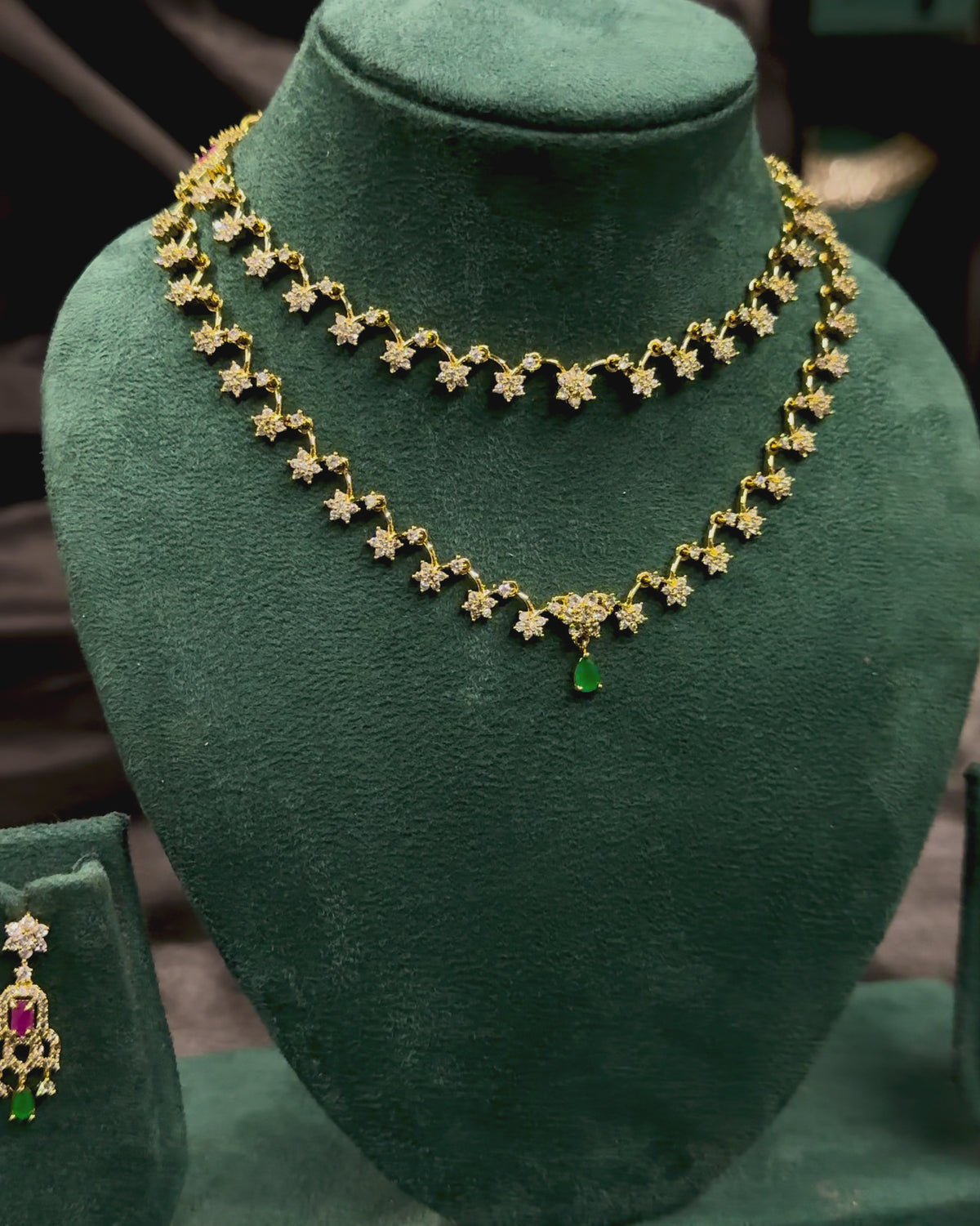 Elegant Gold Floral Necklace Set with Ruby & Emerald Drops | ONK358