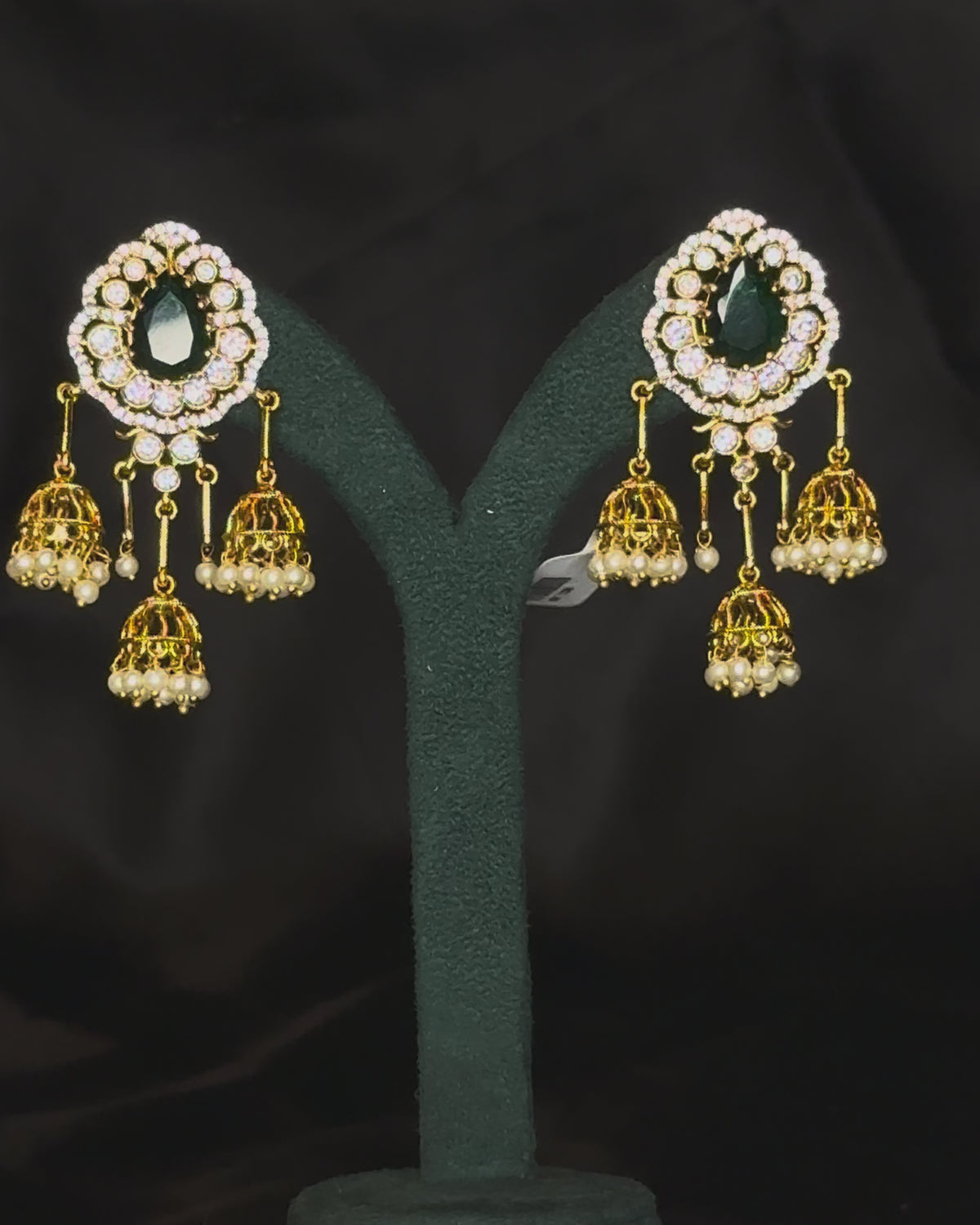 Green Stone Jhumka Earrings with Crystal Studs | GV159