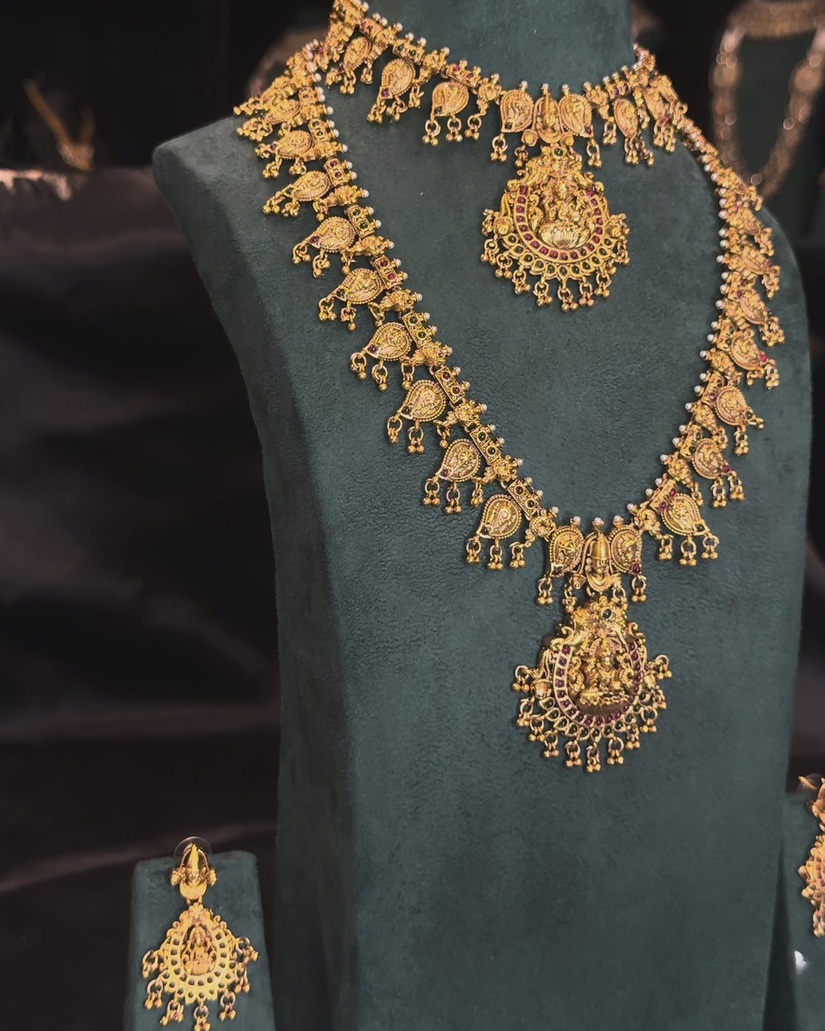 Antique Gold Temple Necklace Set with Lakshmi Pendant - Bridal Jewellery | ONK349