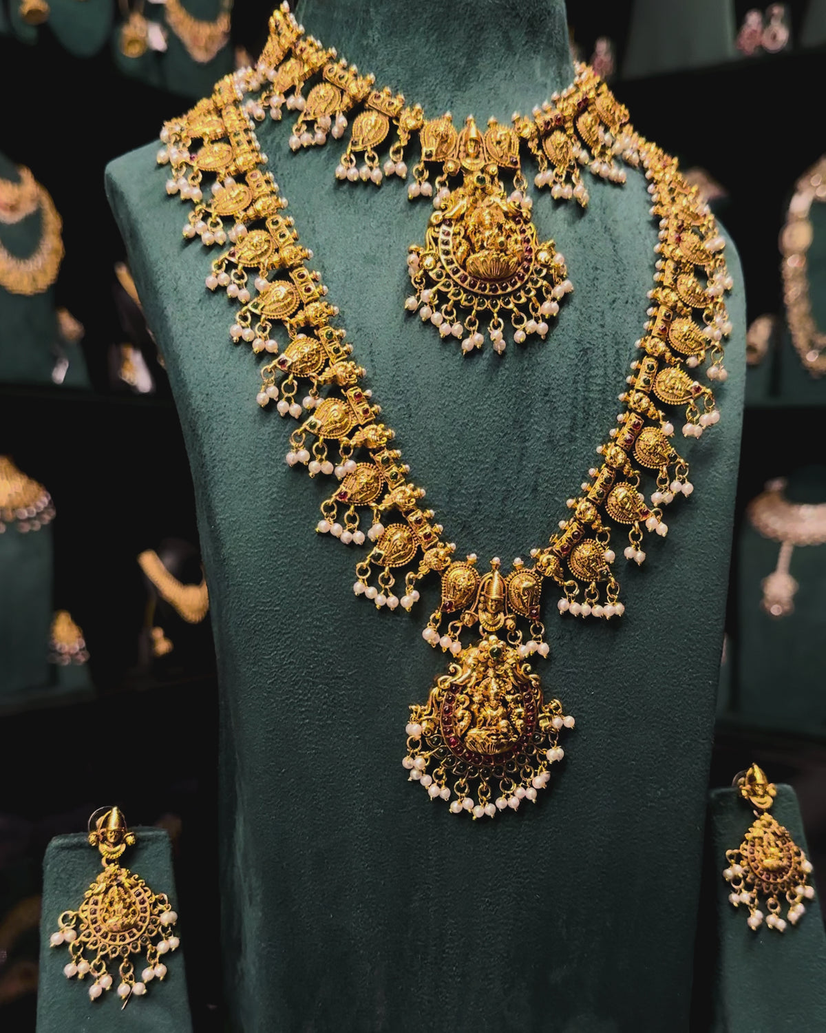 Antique Gold Lakshmi Temple Jewellery Necklace Set with Earrings | ONK350