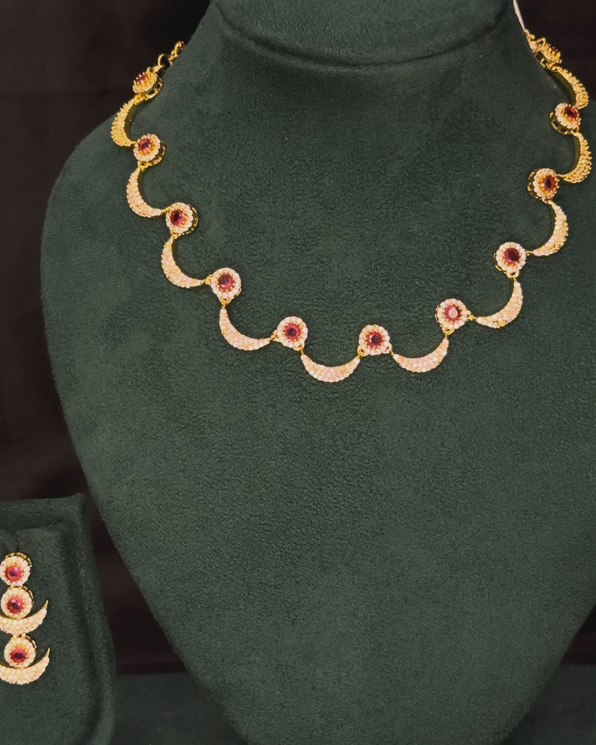 Elegant Rolled Gold Necklace Set with Pink Stone Detailing and Matching Earrings | PJV90