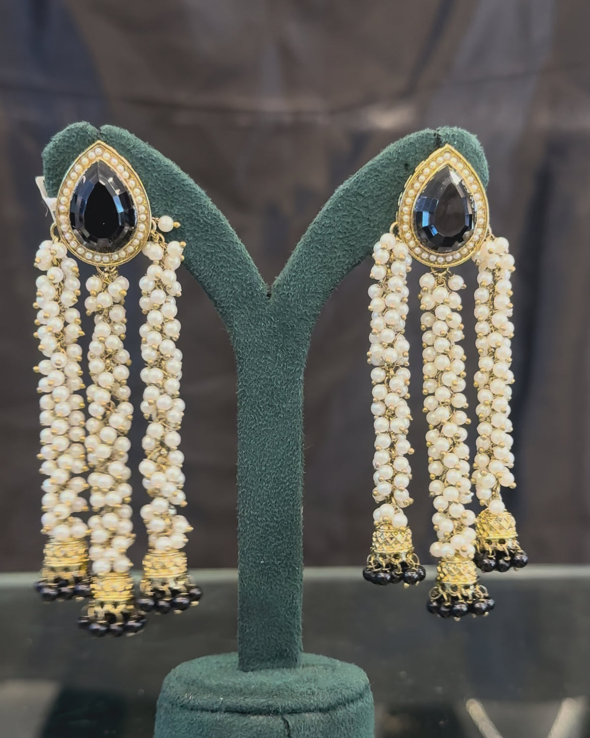 Black Stone Gold-Tone Pearl Tassel Earrings | THV523