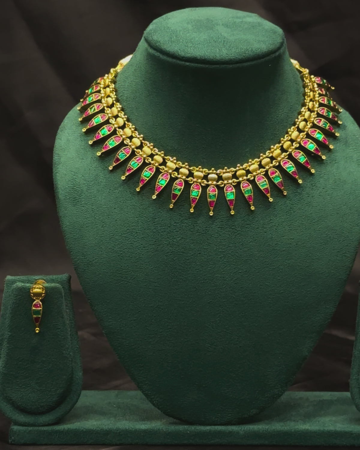 Traditional Ruby & Green Multi-Color Necklace Set with Matching Earrings | ONK367
