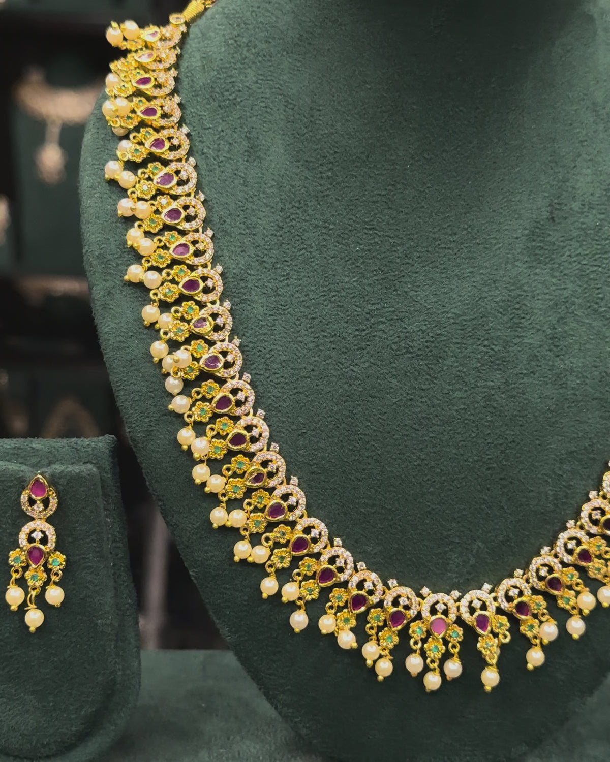 Traditional Ruby Stone Necklace Set with Pearl Drops & Matching Earrings | ONK375