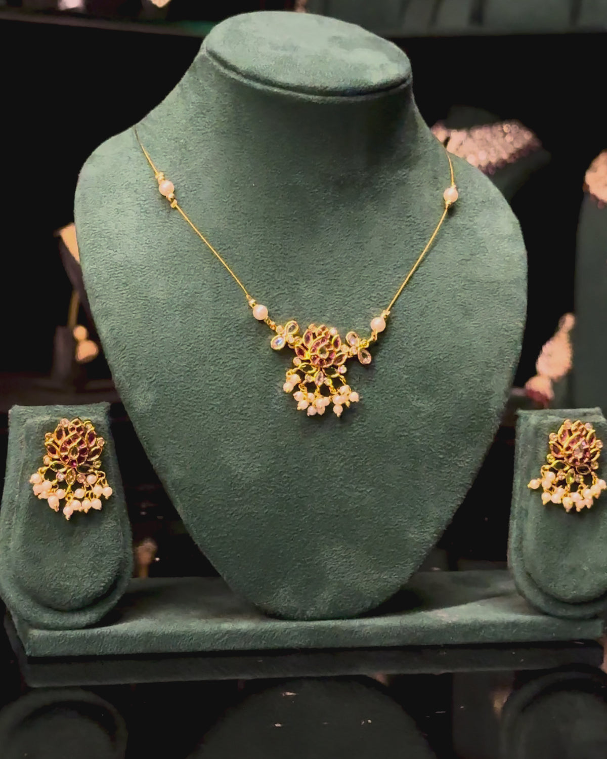 Elegant Ruby Gold Necklace Set with Pearl Drops & Matching Earrings | ONK352