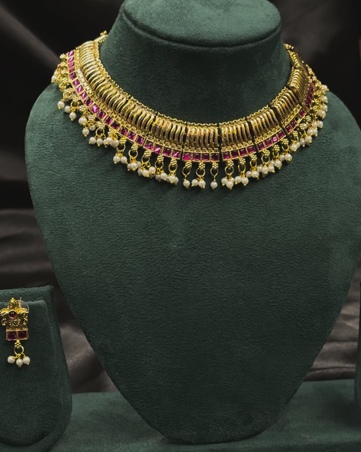 Traditional Gold Ruby Necklace Set with Pearl Drops | ONK360