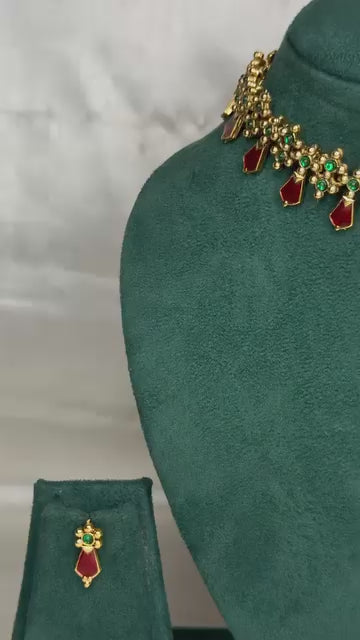 Traditional Gold Necklace Set with Ruby & Green Stones | NKT87