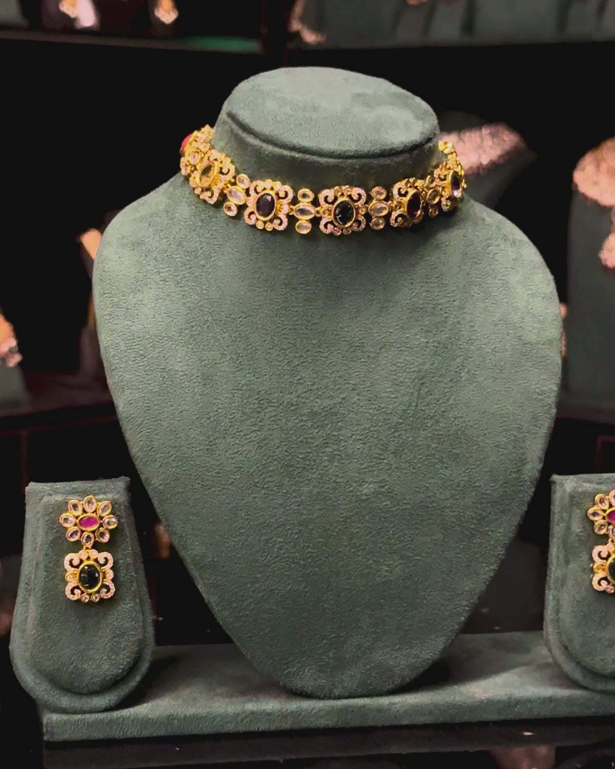 Antique Gold Ruby & Emerald Choker Necklace Set with Earrings | ONK345